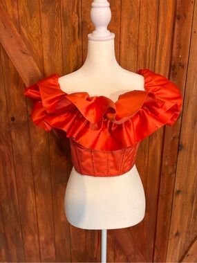 Red Off-Shoulder Ruffled Satin Crop Top
